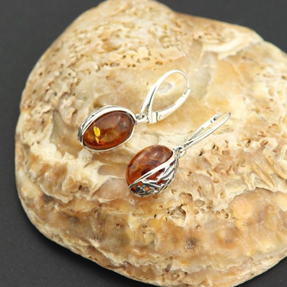 Sterling silver earrings with natural Baltic amber, amber drop earrings, dangle - Picture 2 of 14